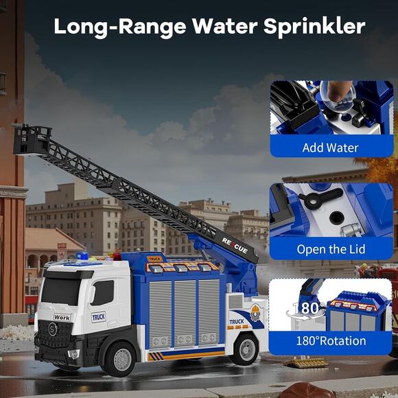 3-In-1 Large Fire Truck Toy with Garage & 6 Cars, Water Pump, Extendable Ladder, - Picture 6 of 7